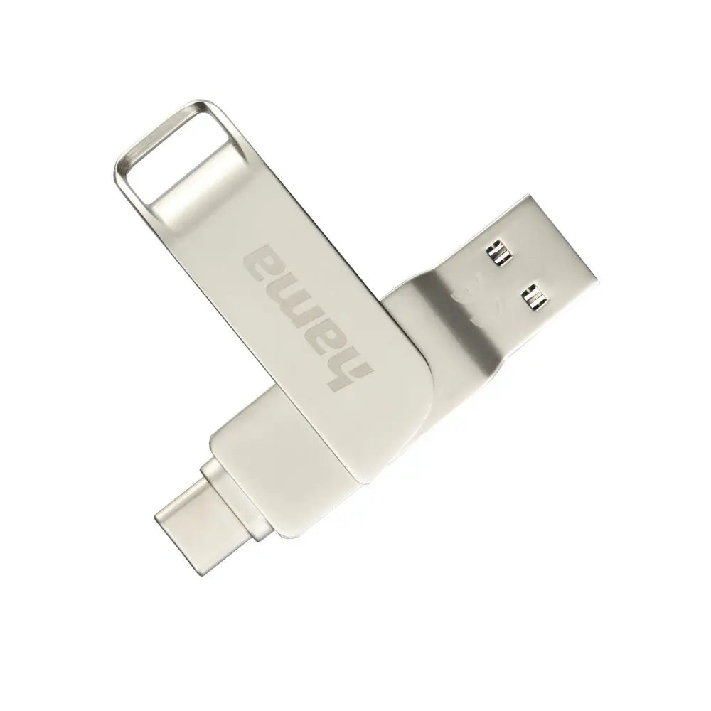 Pen drive Hama Rotate Pro 256GB USB-C e USB-A 3.1/3.0, prateado, mostrando o conector rotativo e capacidade de armazenamento