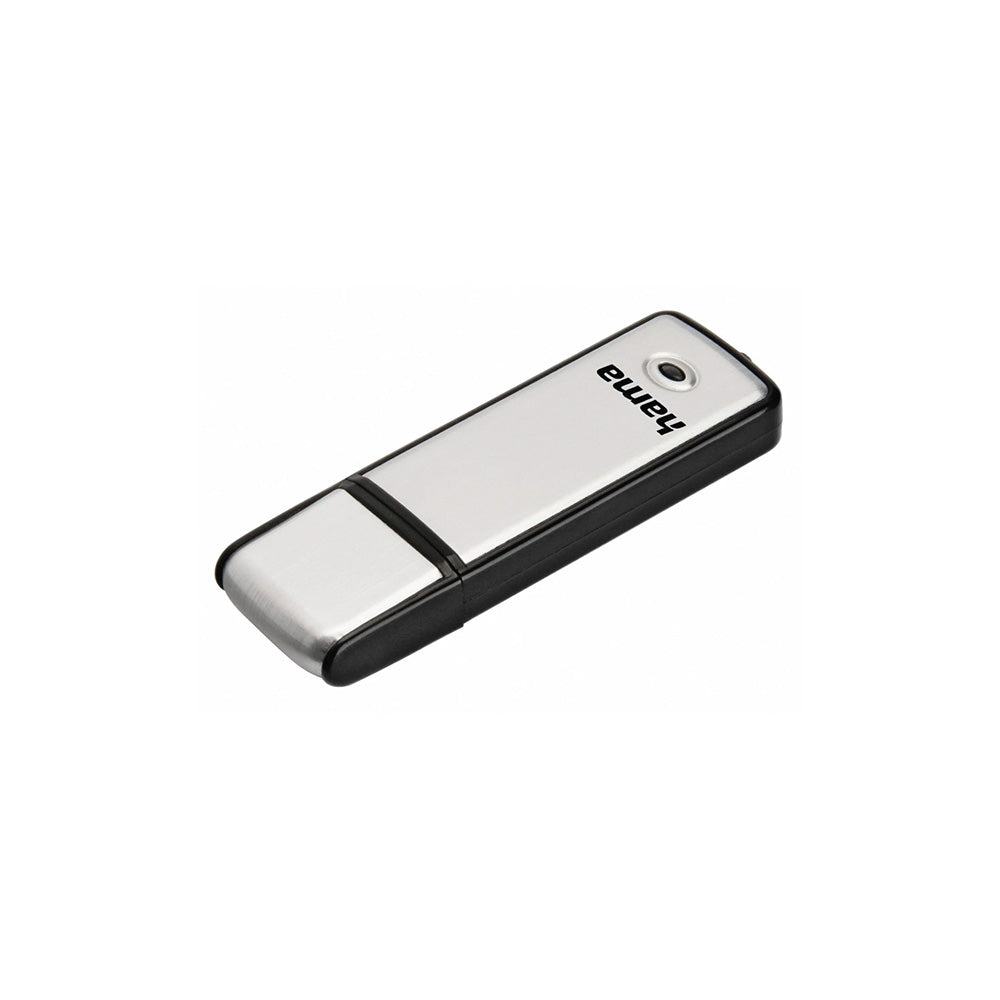 Pen drive USB 2.0 Hama Fancy prata com capacidade de 32GB, alta velocidade e durabilidade, mostrado em imagem.