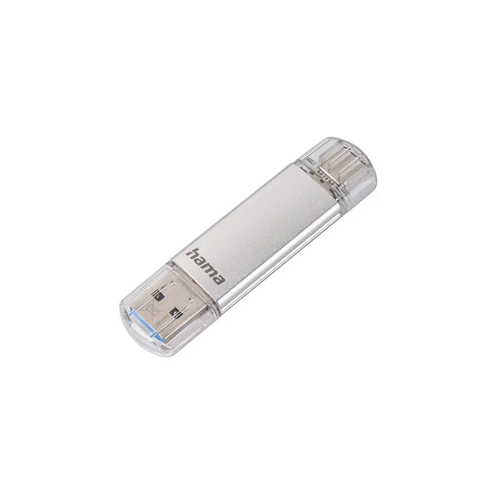 Pen drive USB-C/USB-A Hama C-Laeta de 64GB, compacto, prateado, com design rápido e portátil para armazenamento de dados.