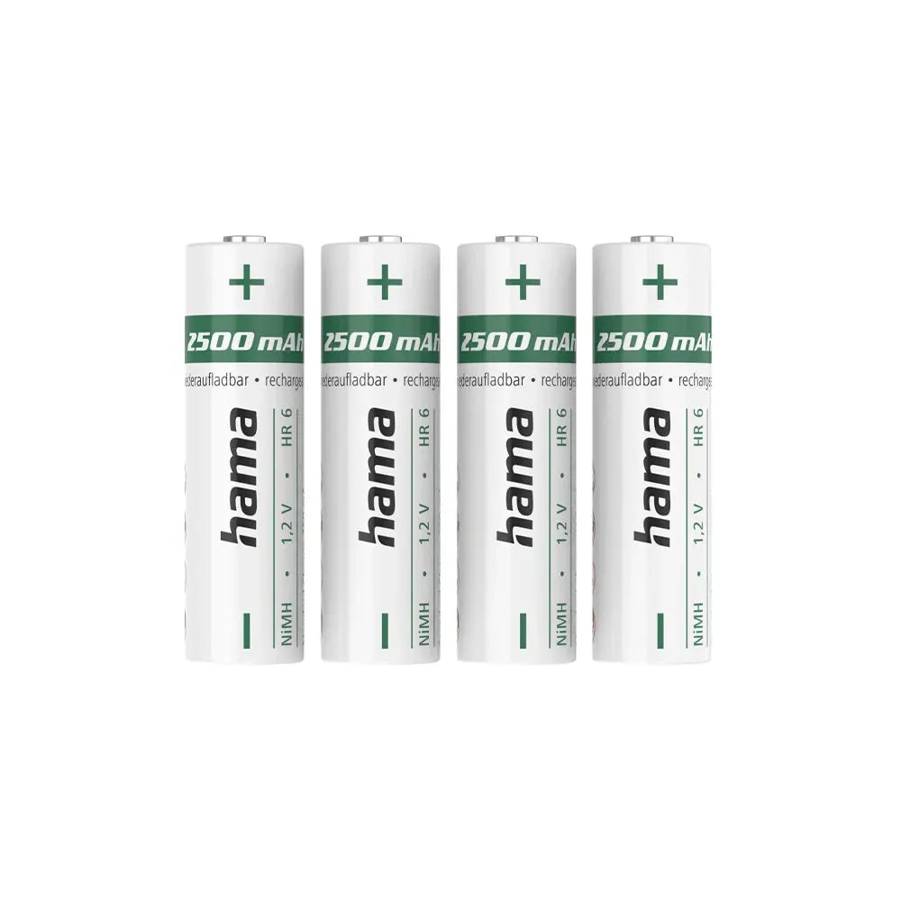 Conjunto de 4 pilhas recarregáveis AA Hama 1.2V 2500mAh, mostradas empilhadas com destaque para marca e capacidade.