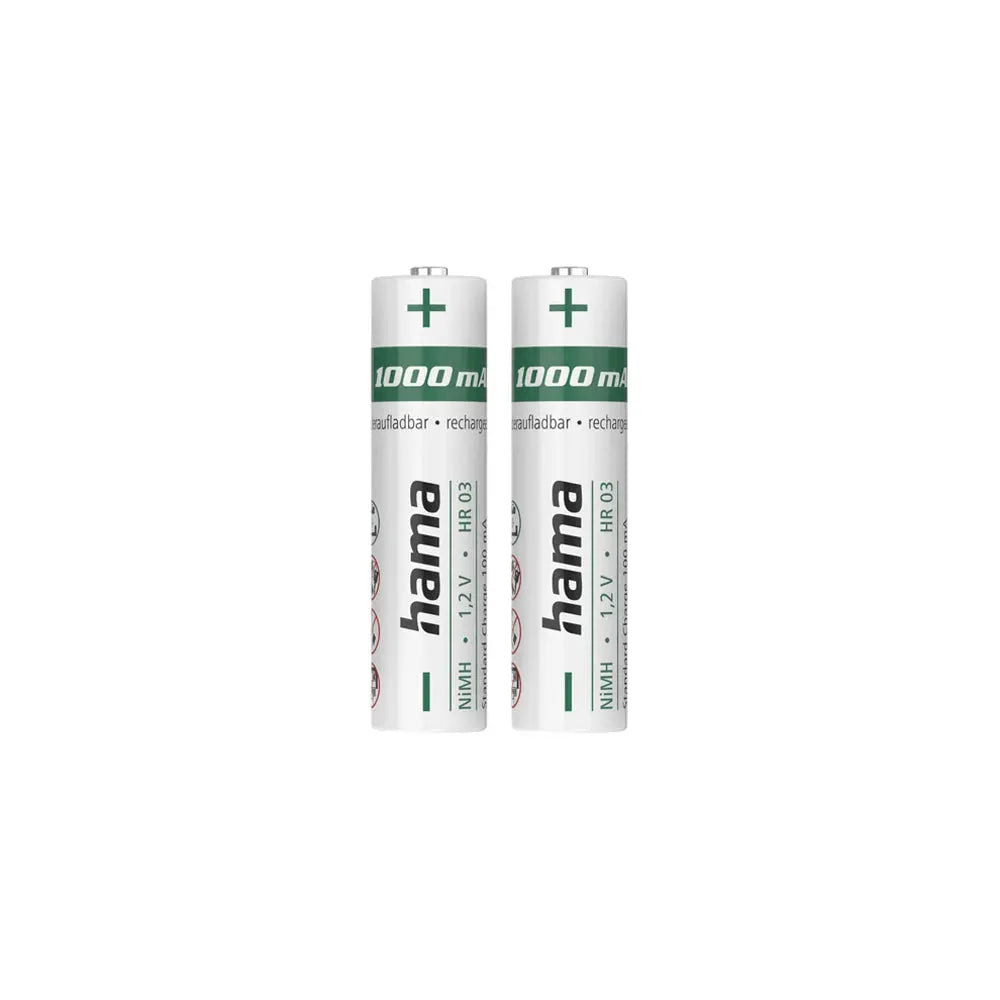 Duas pilhas recarregáveis AAA Hama de 1.2V e 1000mAh, mostradas em destaque na imagem.
