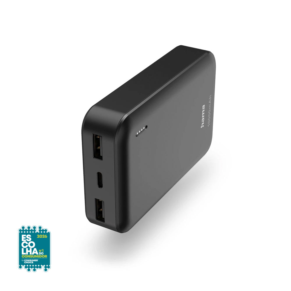PowerBank Hama PowerPack Pocket 10, cinza, 10000mAh, carregador portátil compacto, com cabo USB e indicativos de bateria.