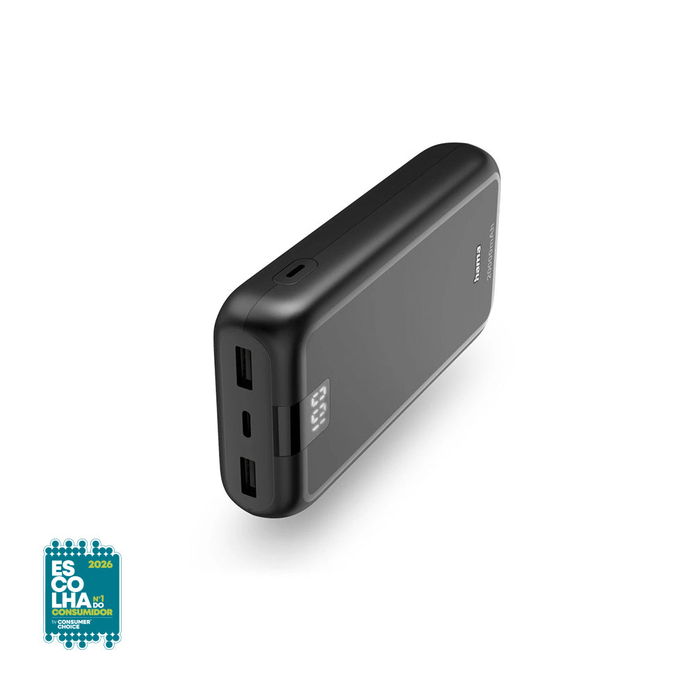 Powerbank Hama PowerPack Performance 20000mAh cinza, alta capacidade de energia, portátil e ideal para recarregar dispositivos.