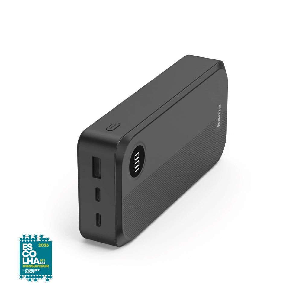 Powerbank Hama de 20000mAh preto com portas USB-A e USB-C, carregador portátil potente para dispositivos móveis.