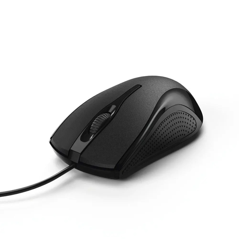 Rato com fio Hama MC-200 preto, confortável e preciso, conectado a um computador.
