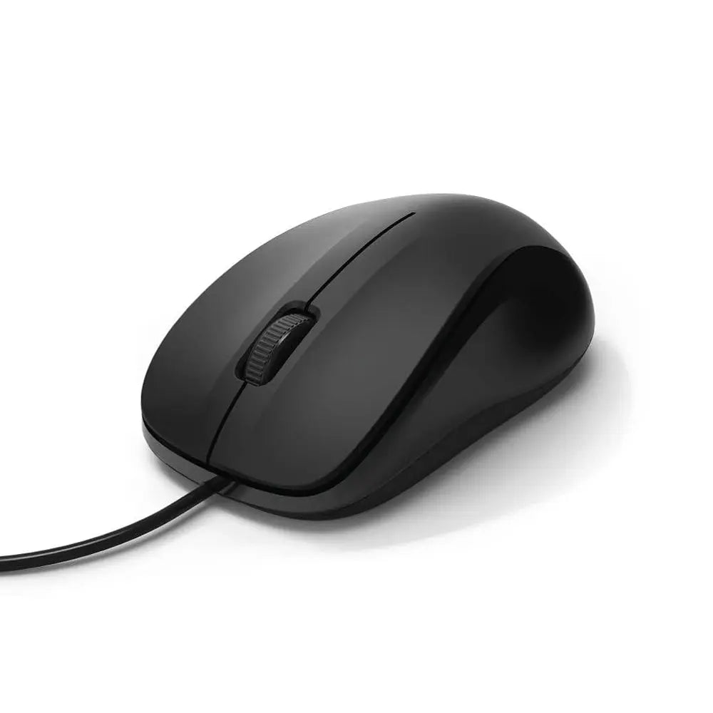 Rato com fio Hama MC-300 preto, confortável e preciso, ideal para uso com PC, mostrado em ambiente de escritório.