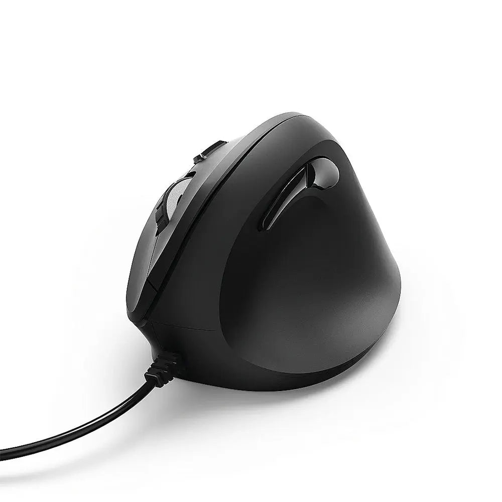 Rato ergonômico vertical Hama EMC-500 com fio, design preto para conforto e alta performance em uso prolongado.