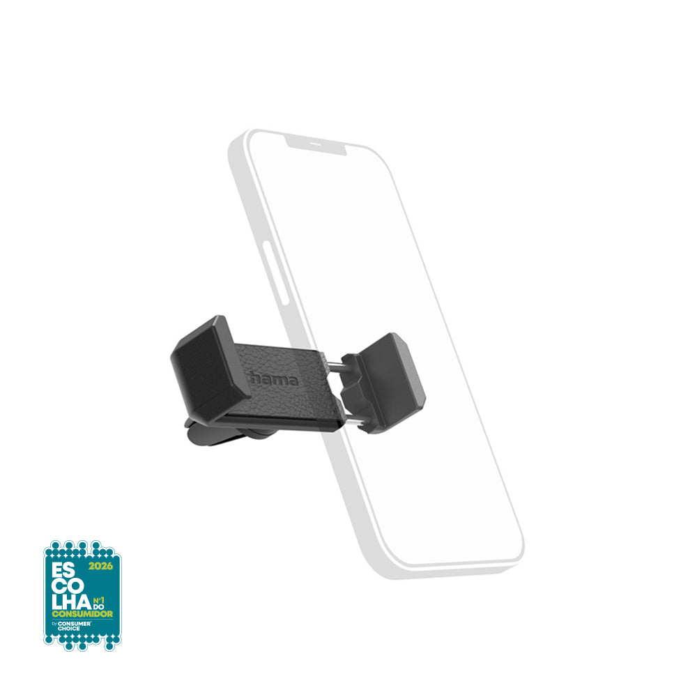 Suporte universal preto para smartphone de carro Hama, ajustável em 360° e fixação segura para uso no veículo.