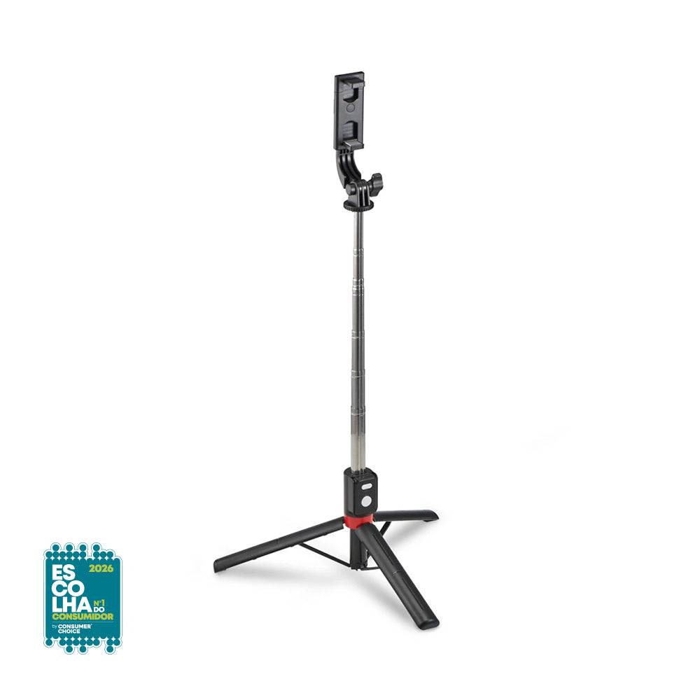 Suporte de smartphone Hama preto com Bluetooth, tripé para estabilidade e conexão fácil, ideal para fotos e vídeos.