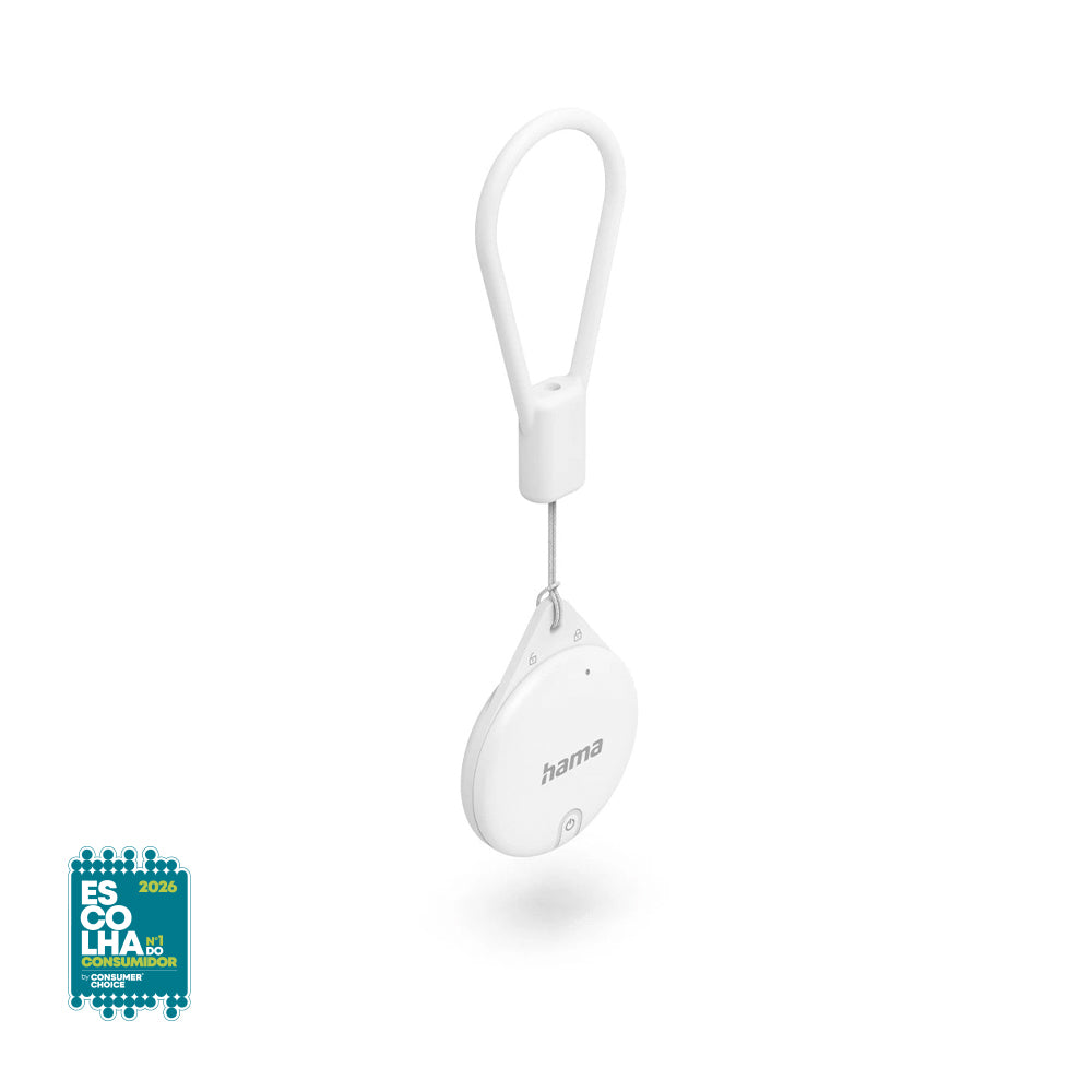 Dispositivo localizador Bluetooth da Hama para objetos, em branco, para rastrear itens com compatibilidade Apple.