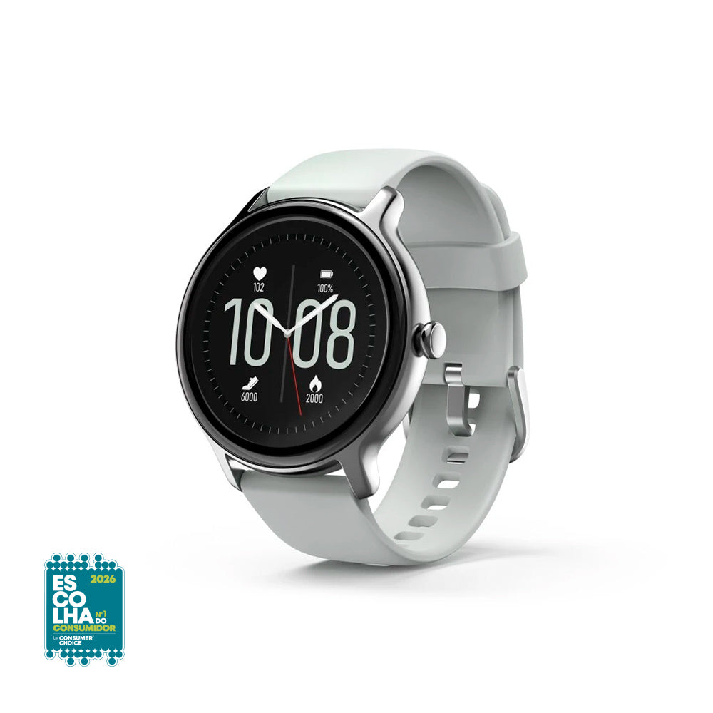 Relógio inteligente Hama Fit 4910 Cinza com tela digital, pulseira de silicone e funções de monitoramento de saúde e fitness.