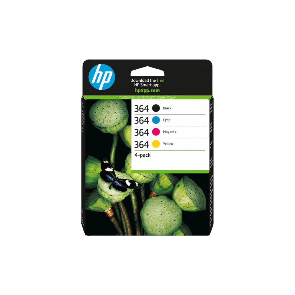 Pack de 3 cartuchos de tinta HP 364 coloridos originais, com tampas visíveis e etiquetas de cores, para impressoras HP.