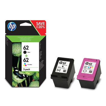 Pack de tinteiros HP 62 original preto e colorido da HP, compatível com impressoras HP.