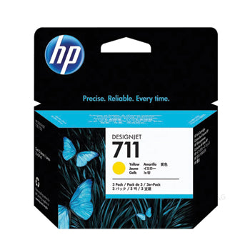 Pack de 3 cartuchos de tinta HP 711 Amarelo CZ136A de 29ml, originais HP para impressoras.