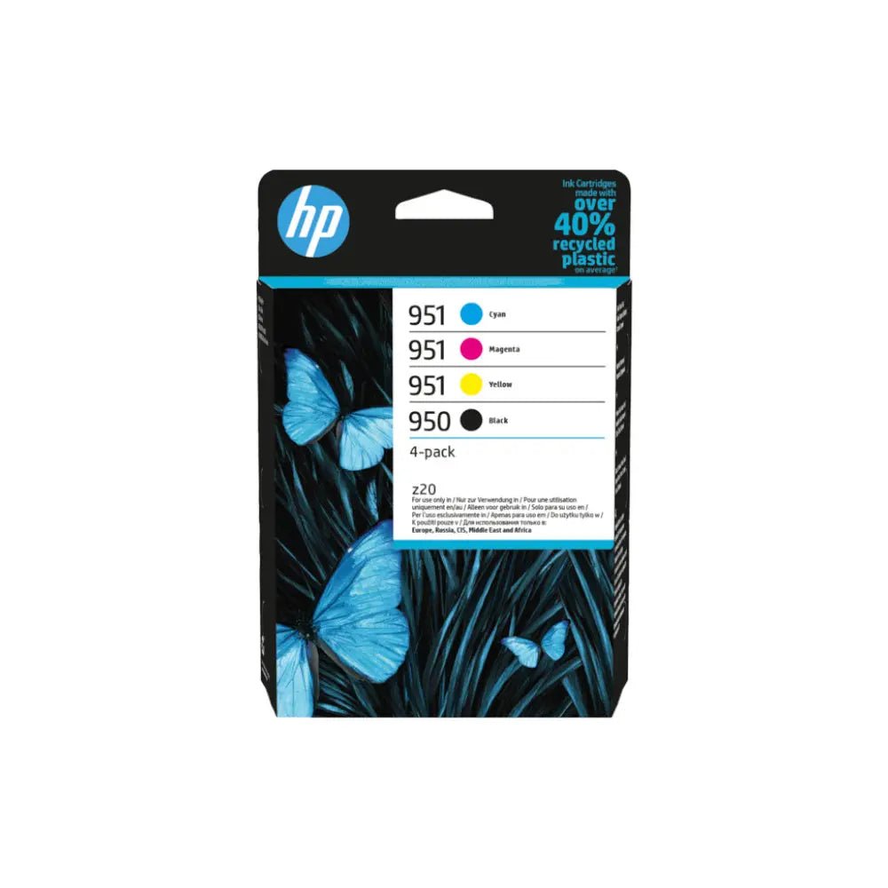 Conjunto de 4 cartuchos de tinta HP 950/951 originais para impressoras, 24ml/8ml, em cores variadas.