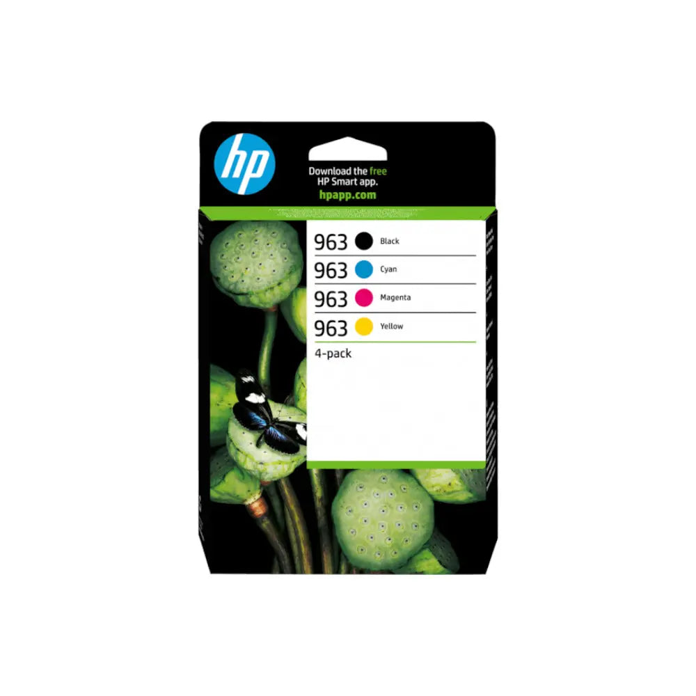 Pack de 4 tinteiros originais HP 963 coloridos, recarregáveis de 24ml, para impressoras HP.