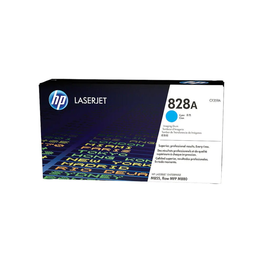Tambor HP 828A Azul CF359A para impressora HP original, capacidade para 30.000 páginas, mostrado em embalagem.