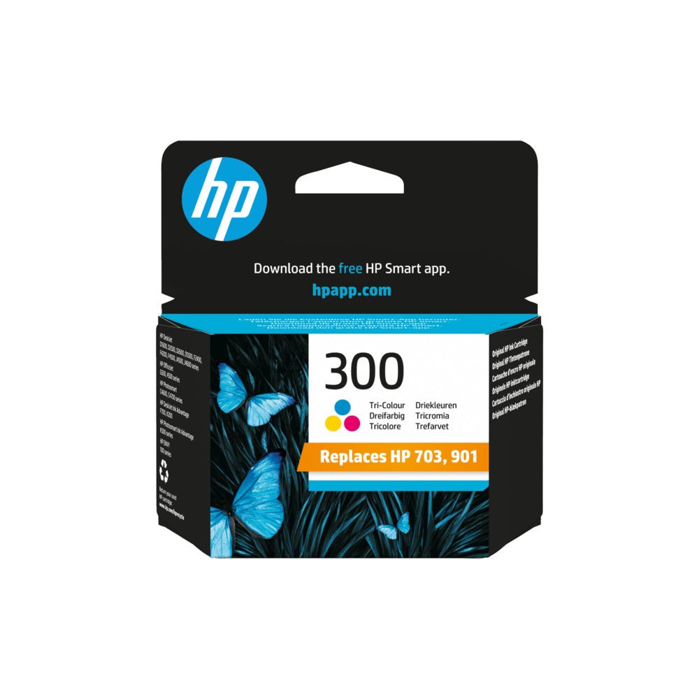 Tinteiro HP 300 Cor CC643EE original para impressora HP, capacidade de 4ml, imprime até 165 páginas.