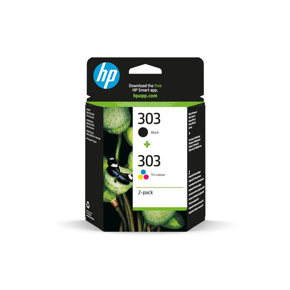 Tinteiro HP 303 original preto/color, 4ml, compatível com impressoras HP, embalagem com tinta preta e colorida.