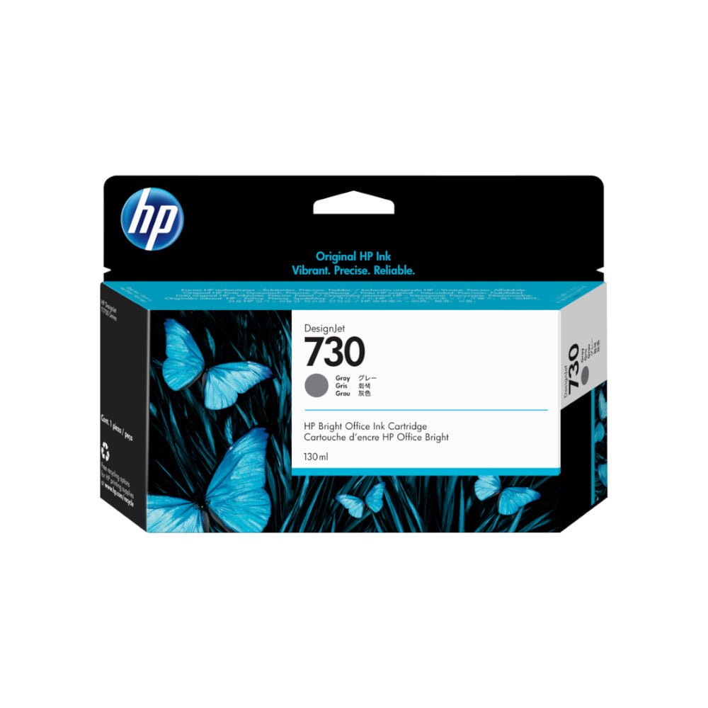 Tinteiro HP 730 Cinzento P2V66A de 130ml, compatível, original HP, para impressoras, destaque para embalagem e cor Cinzento.