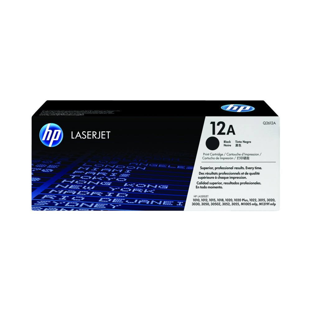 Toner preto HP 12A Q2612A original para impressora HP, até 2000 páginas, compatível com impressoras HP.