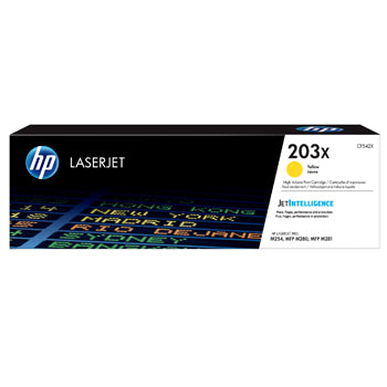 Toner amarelo HP 203X CF542X original de alta capacidade para impressoras HP, mostrado na imagem.