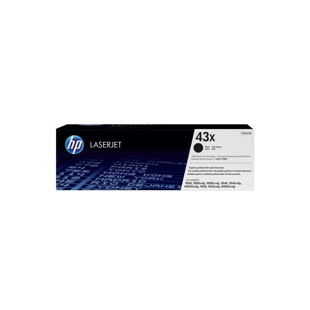 Toner HP 43X Preto C8543X de alta capacidade, original HP para impressora, mostrado em embalagem preta e etiqueta.
