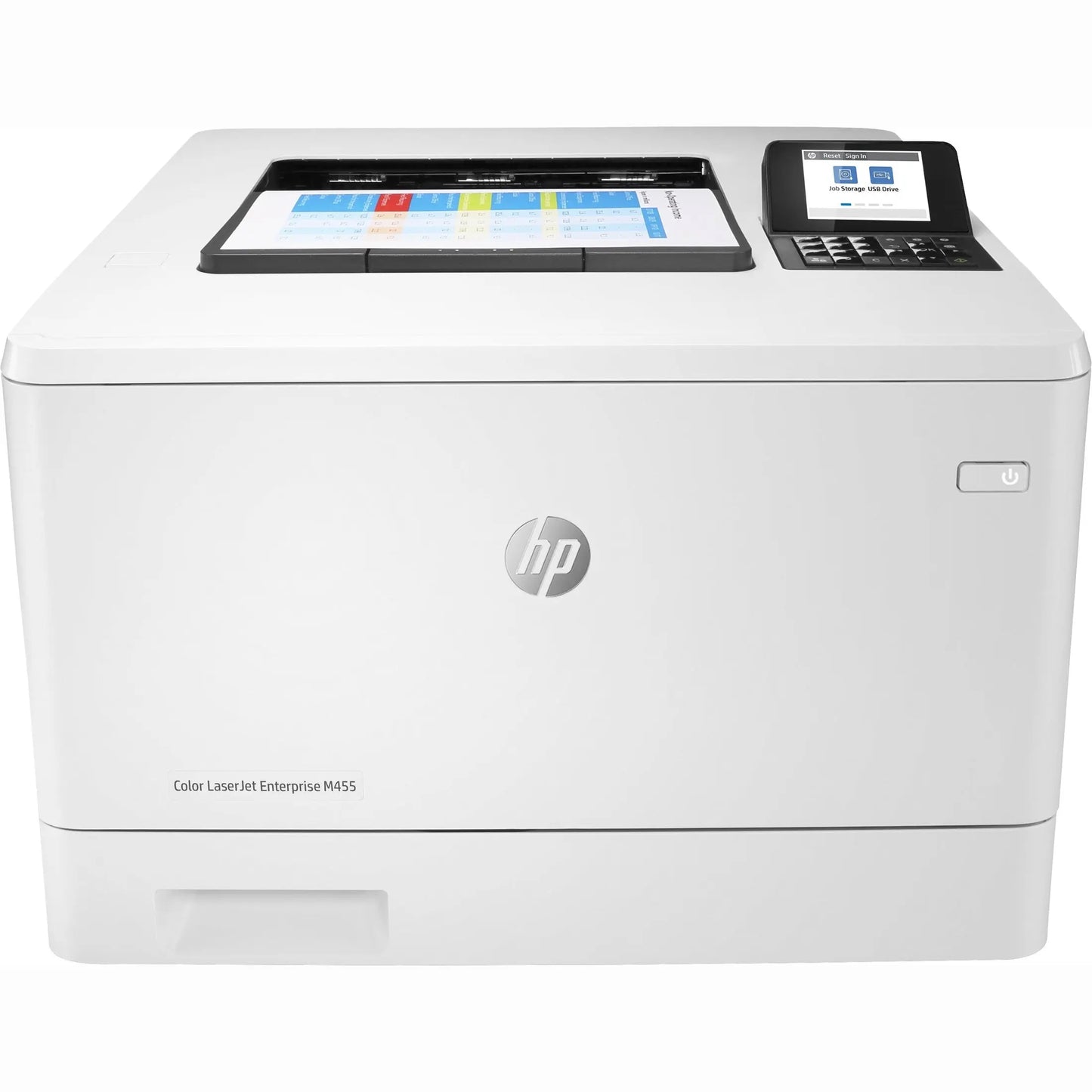 Impressora laser color HP M455dn A4 com duplex, portas USB e LAN, mostrada em ambiente de escritório.