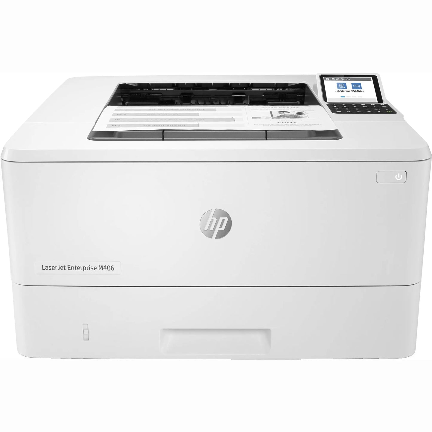 Impressora laser mono HP M406dn A4 com duplex, conexão USB e LAN, velocidade de 40 páginas por minuto.