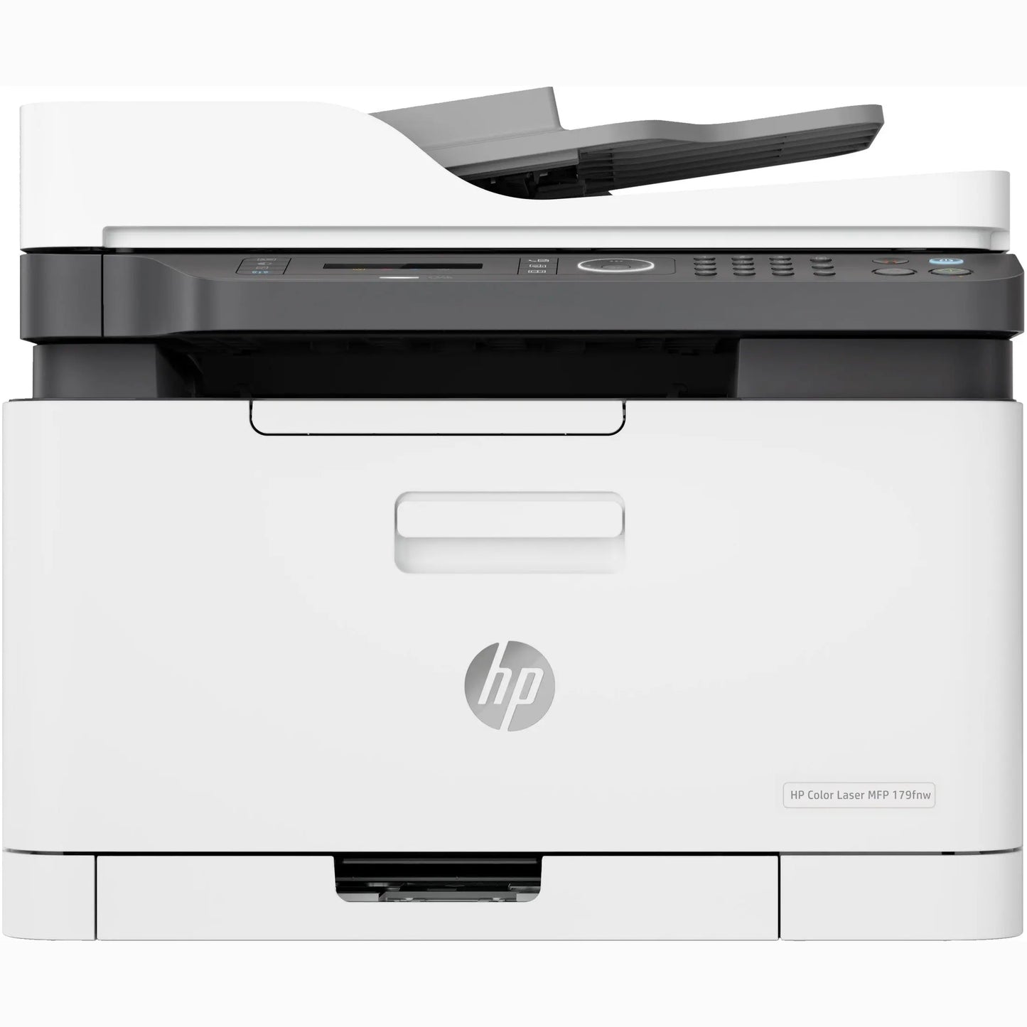 Impressora multifuncional HP Color Laser MFP 179fnw com tela, bandeja de papel e conexões Wi-Fi e LAN.