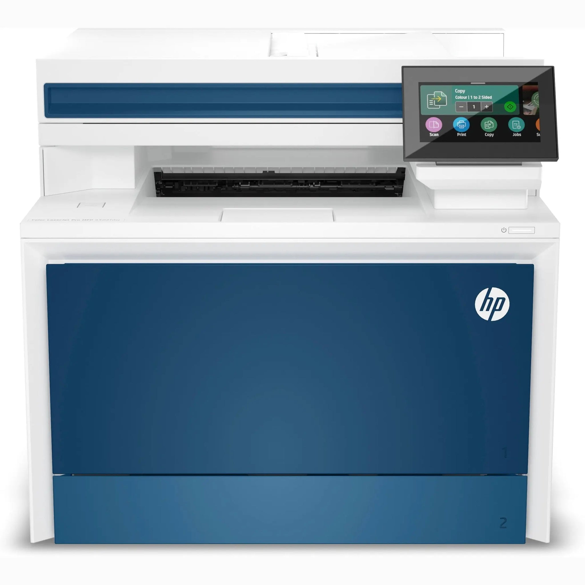Impressora multifuncional HP Color LaserJet Pro MFP 4302fdw com tela, bandeja de papel e conexão Wi-Fi e Bluetooth.