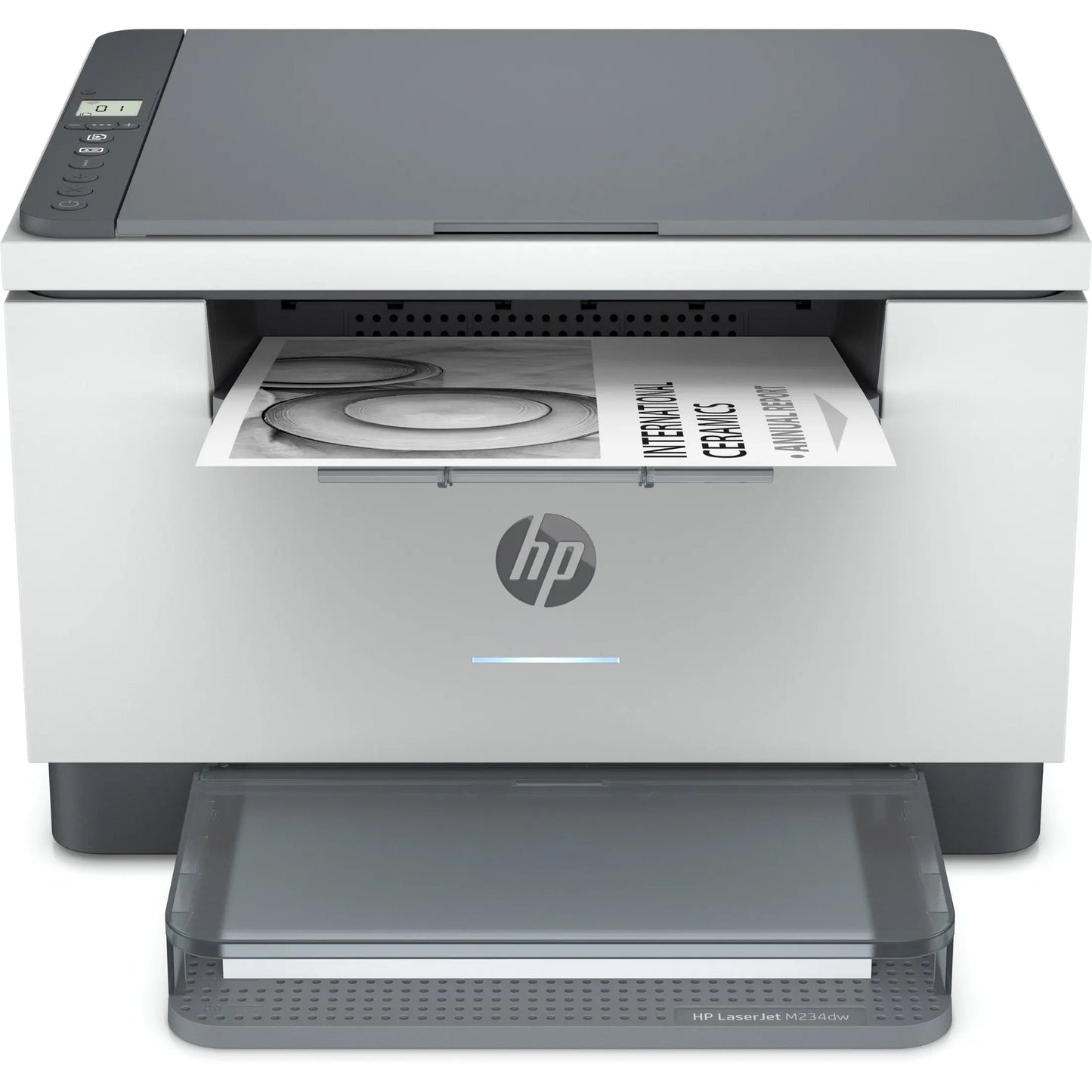Impressora multifuncional HP LaserJet MFP M234dw mono laser com Wi-Fi e LAN, exibindo painel de controle na frente.