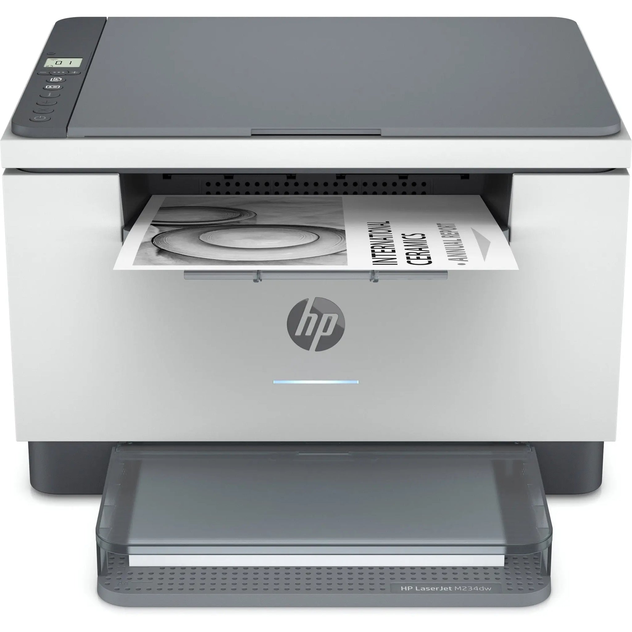 Impressora multifuncional HP LaserJet MFP M234dw mono laser com Wi-Fi e LAN, exibindo painel de controle na frente.