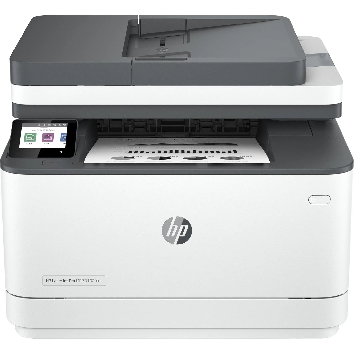 Impressora multifuncional HP LaserJet Pro MFP 3102fdn mono laser A4 com tela, portas USB e LAN, pronta para impressão rápida.