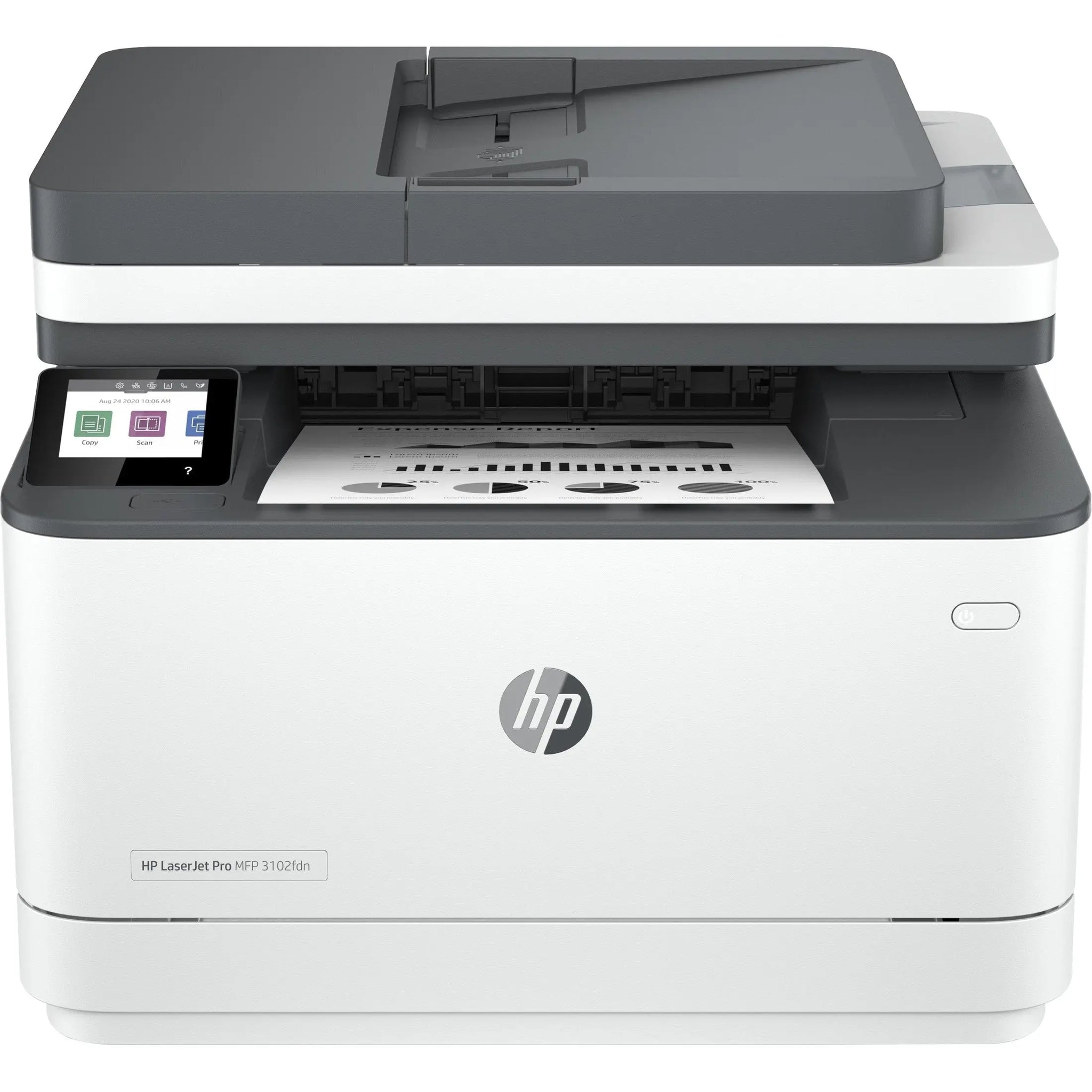 Impressora multifuncional HP LaserJet Pro MFP 3102fdn mono laser A4 com tela, portas USB e LAN, pronta para impressão rápida.