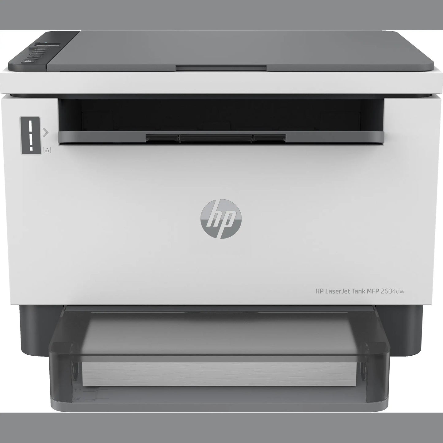 Impressora HP LaserJet Tank MFP 2604dw, impressora multifuncional laser mono com Wi-Fi e USB, exibida na imagem.