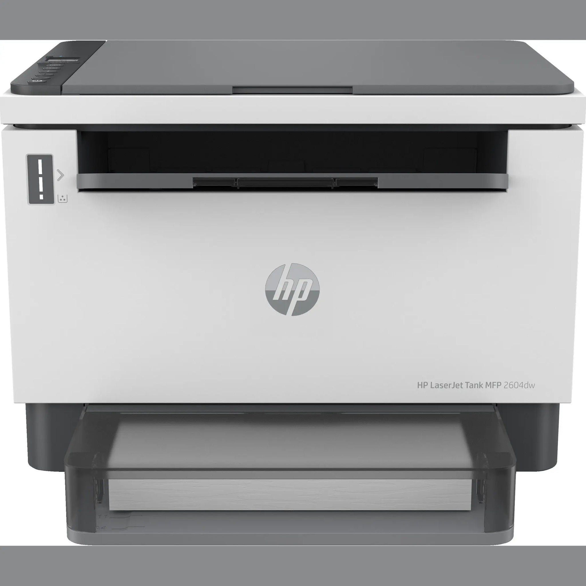 Impressora HP LaserJet Tank MFP 2604dw, impressora multifuncional laser mono com Wi-Fi e USB, exibida na imagem.
