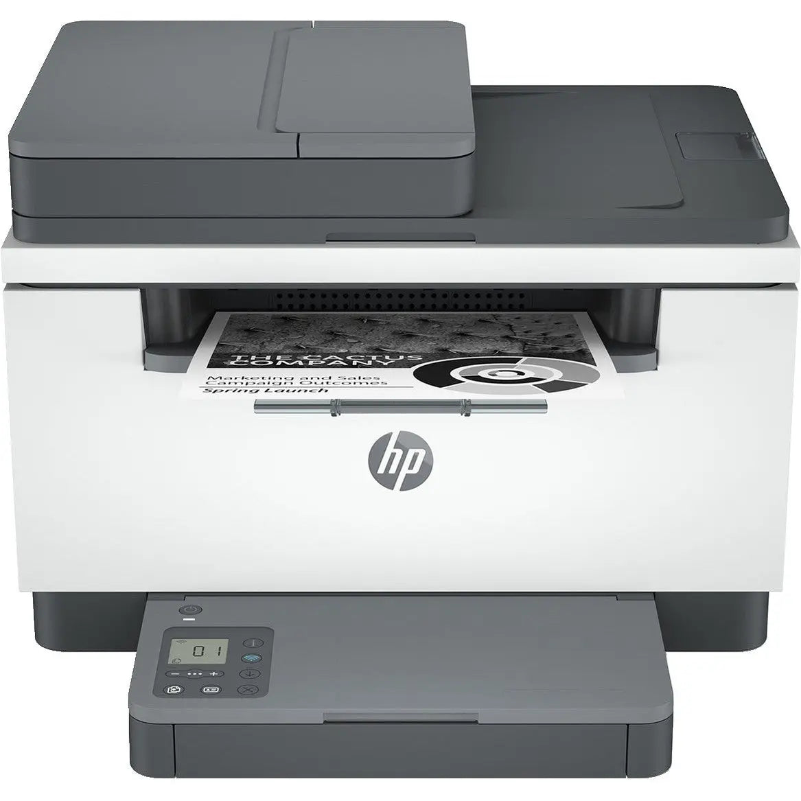 Impressora HP LaserJet MFP M234sdw em destaque, com tela, bandeja de papel e conexão Wi-Fi e Bluetooth.