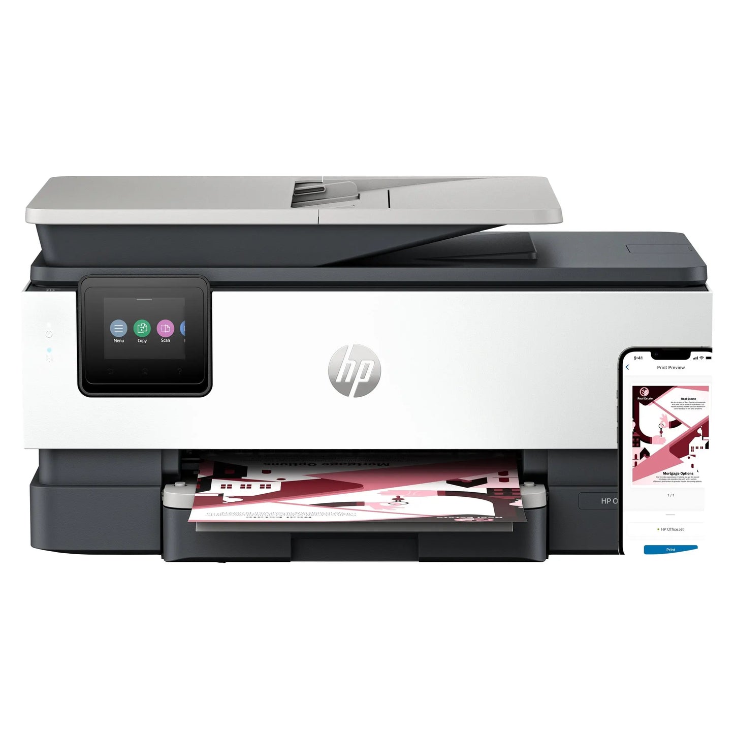 Impressora multifuncional HP OfficeJet Pro 8122e a cores, jato de tinta, Wi-Fi e Bluetooth, vista frontal com bandeja de papel.