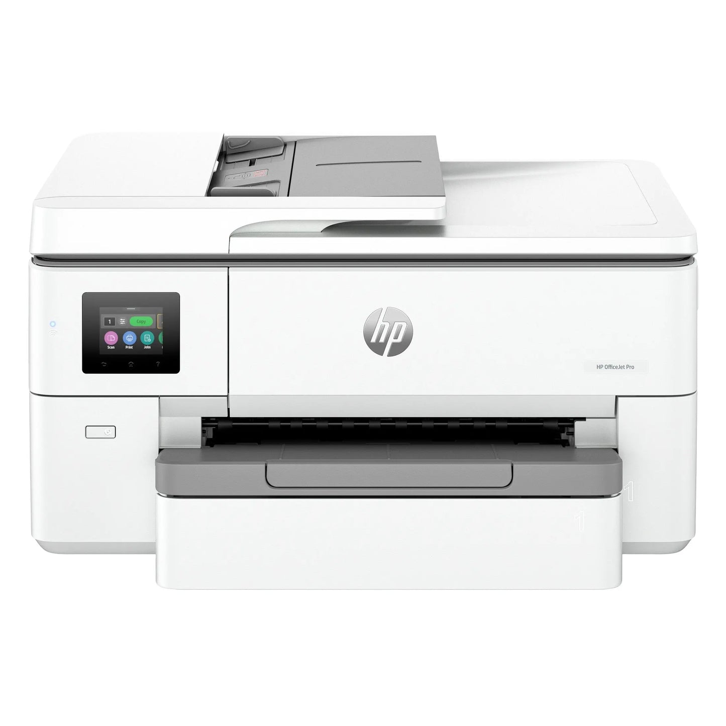 Impressora HP Officejet Pro 9720e multifuncional A3 Wi-Fi, jato de tinta, com scanner e copiadora, vista frontal.