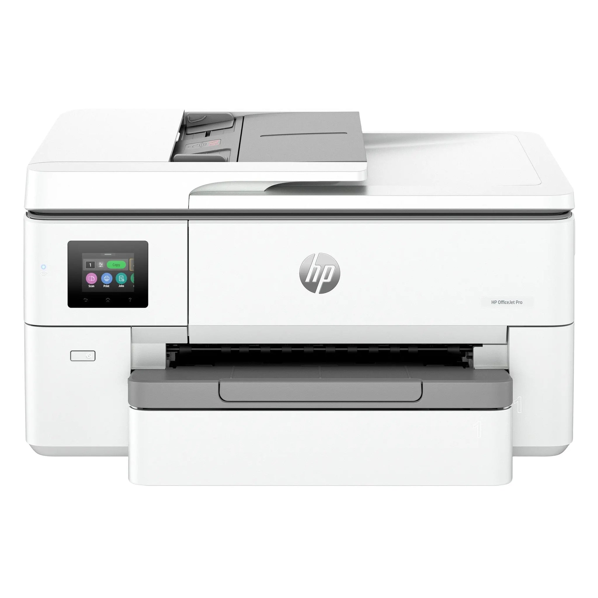 Impressora HP Officejet Pro 9720e multifuncional A3 Wi-Fi, jato de tinta, com scanner e copiadora, vista frontal.