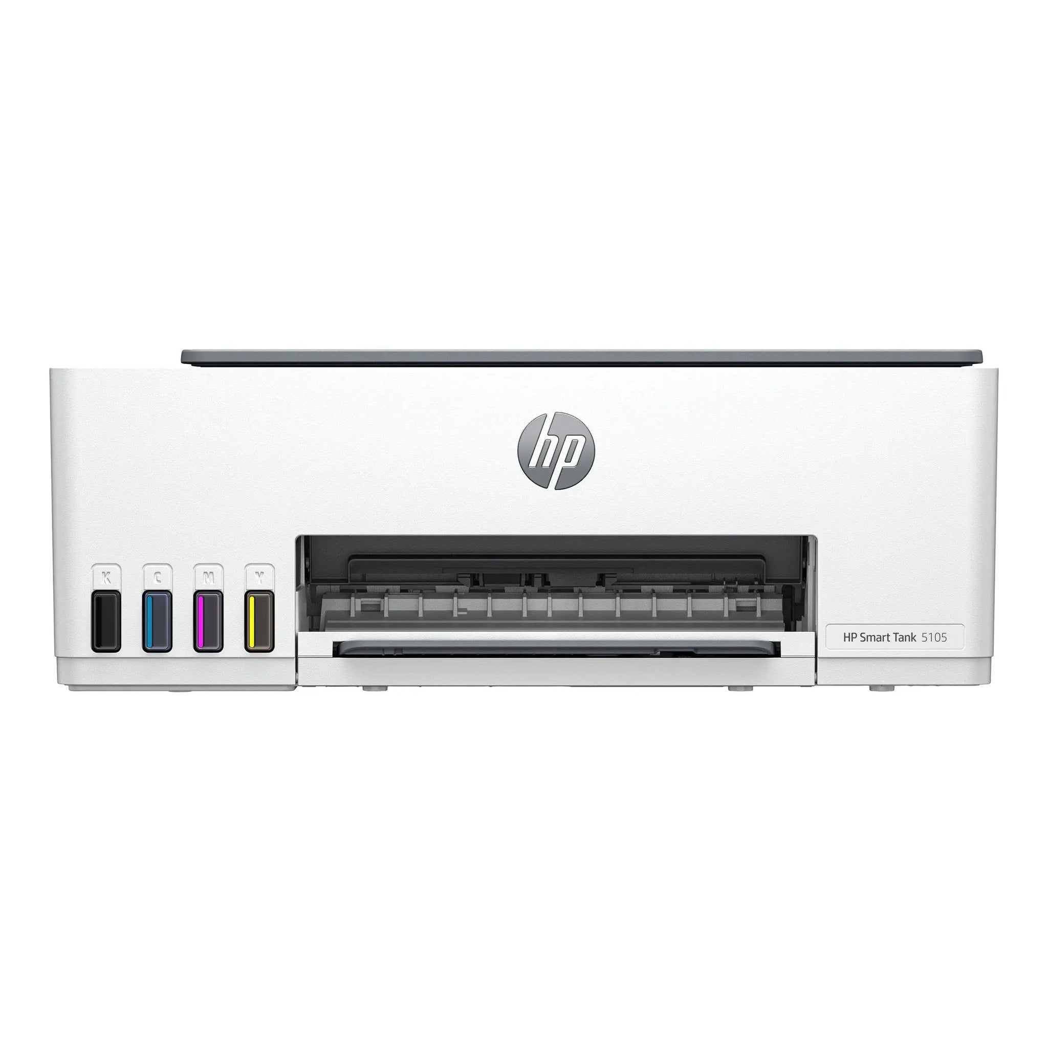 Impressora multifuncional HP Smart Tank 5105 com jato de tinta colorido e conexão Wi-Fi, vista frontal.