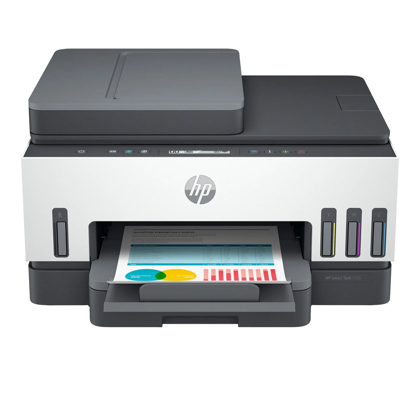 Impressora multifuncional HP Smart Tank 7305 com cor, Wi-Fi e Bluetooth, exibida com bandeja de papel e painel de controle.