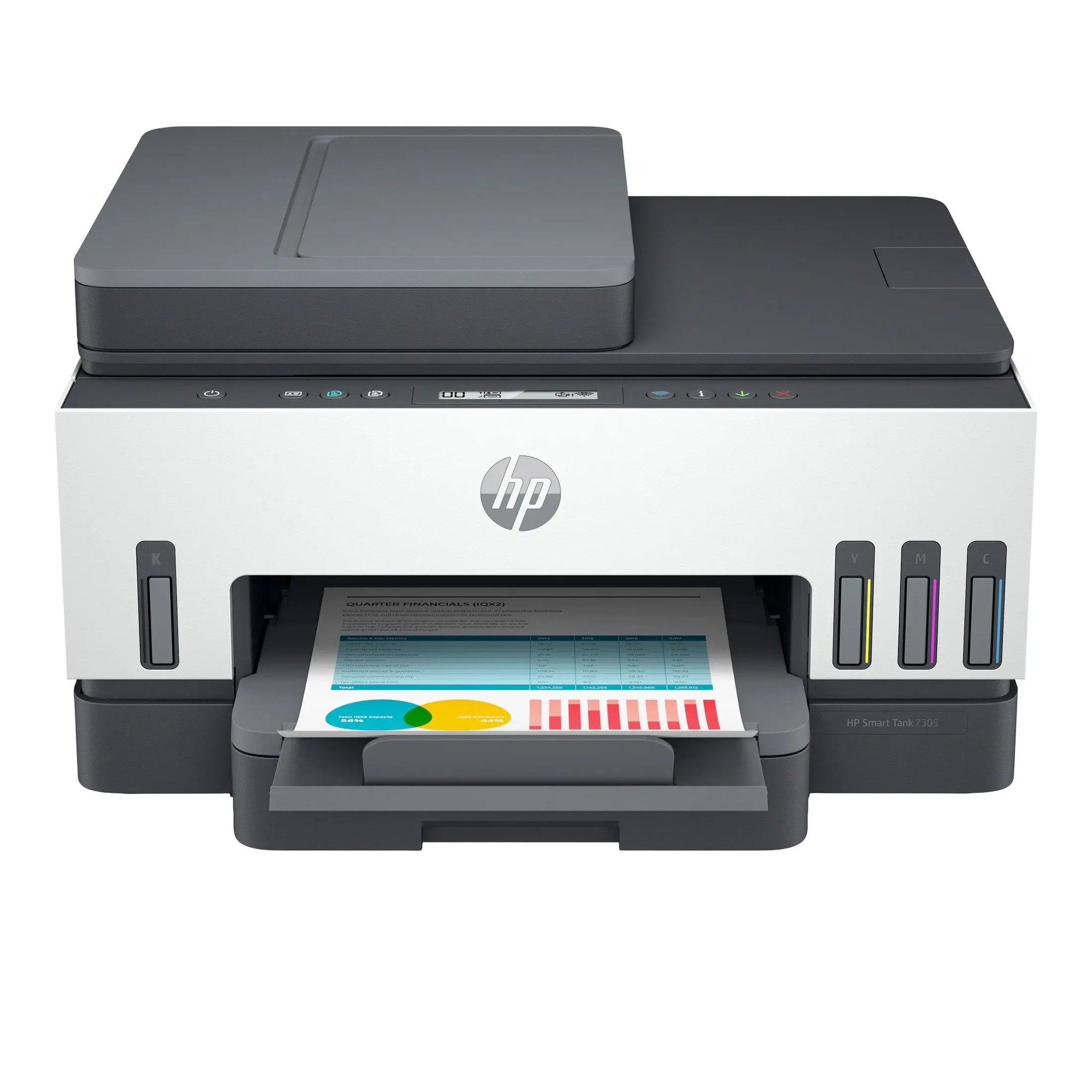 Impressora multifuncional HP Smart Tank 7305 com cor, Wi-Fi e Bluetooth, exibida com bandeja de papel e painel de controle.