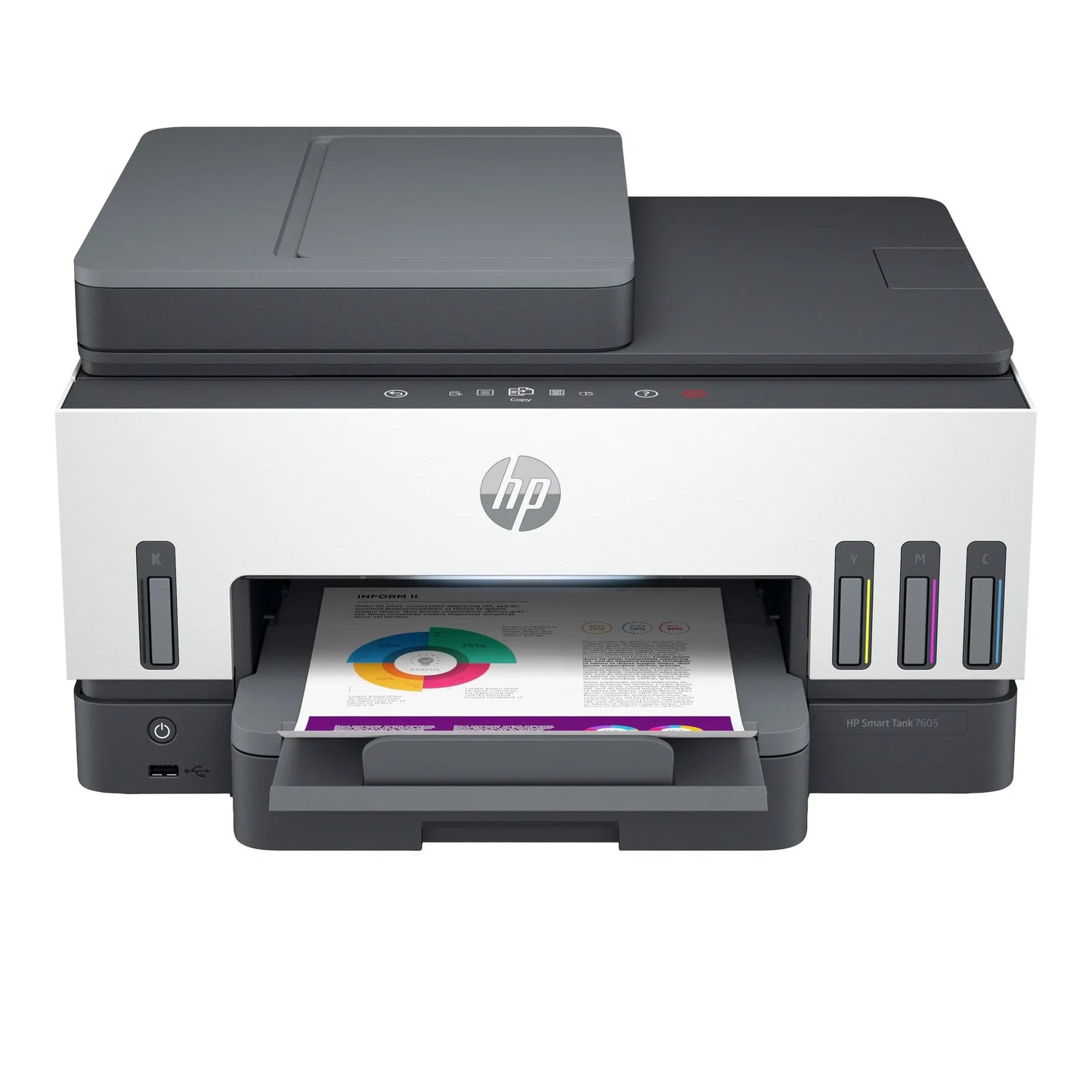 Impressora multifuncional HP Smart Tank 7605 com Wi-Fi e Bluetooth, jato de tinta, mostrada em ambiente de escritório.