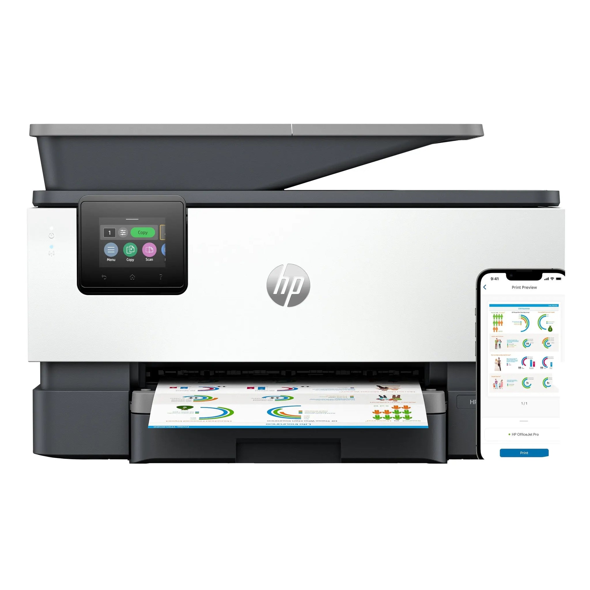 Impressora HP OfficeJet Pro 9122e All-in-One, multifuncional jato de tinta, exibida na imagem com painel e papel na bandeja