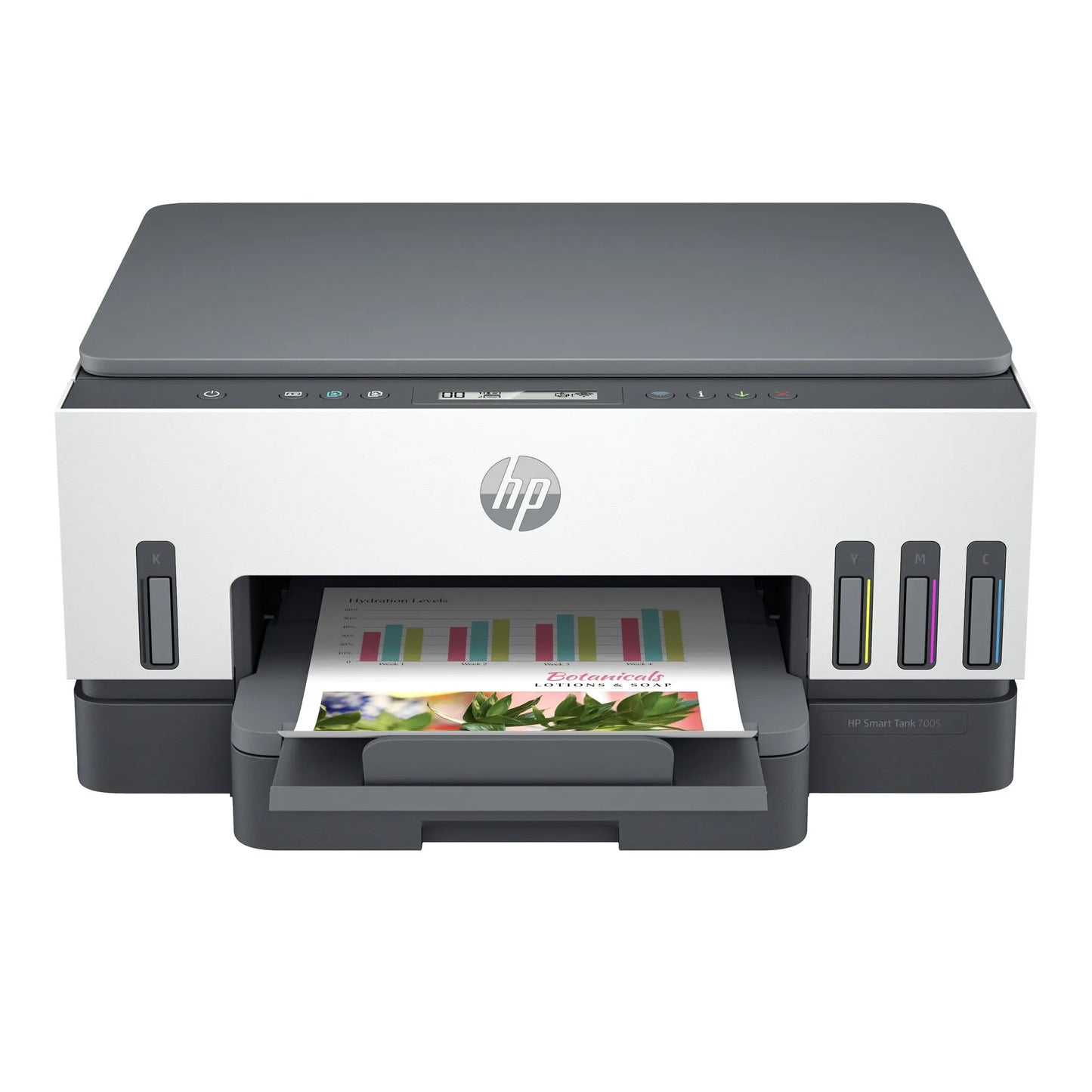 Impressora multifunções HP Smart Tank 7005 A4 colorida com Wi-Fi e Bluetooth, vista frontal com bandeja de papel aberta.