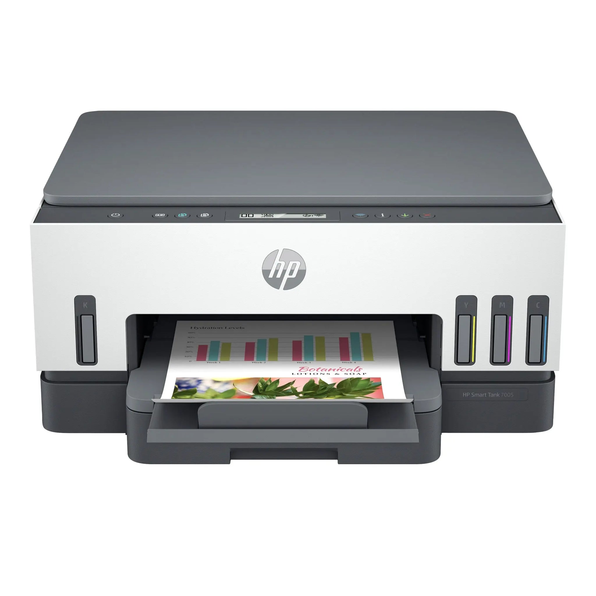 Impressora multifunções HP Smart Tank 7005 A4 colorida com Wi-Fi e Bluetooth, vista frontal com bandeja de papel aberta.