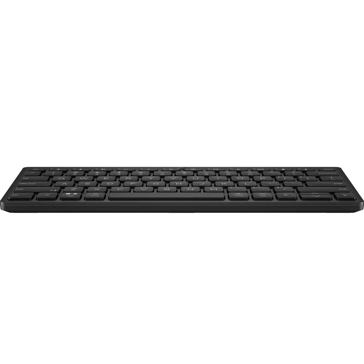 Teclado HP 350 compacto com fio na cor preta, compatível com diversos dispositivos, mostrado em uma mesa.