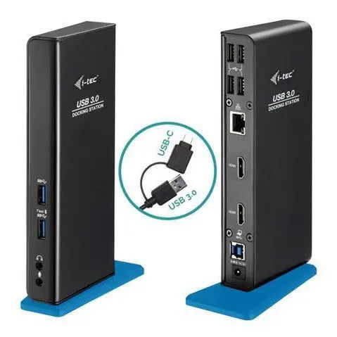 Estação de acoplamento i-tec USB-C com duas portas HDMI e adaptador de energia para portáteis e tablets.